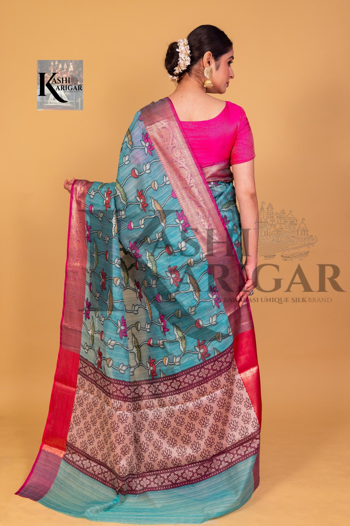 Green With Pink Cottan Silk Banarasi Saree All Over Weaving With Meenakari