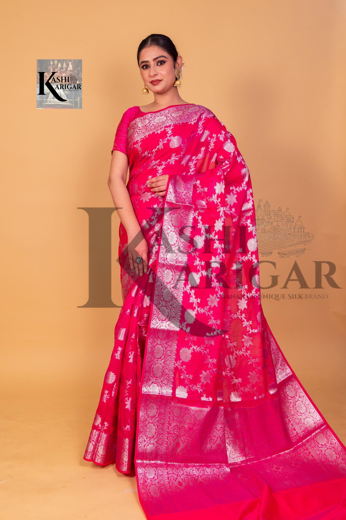 Pink Banarasi geprgette Saree All over jaal silver zari work