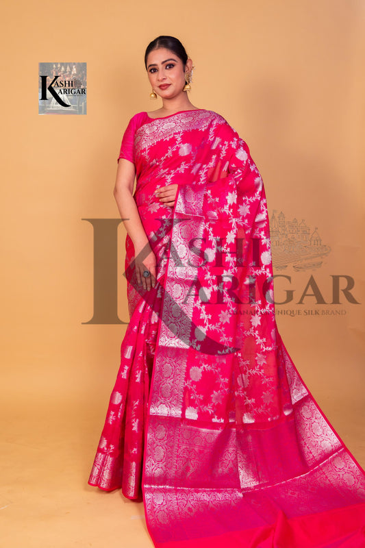 Pink Banarasi geprgette Saree All over jaal silver zari work