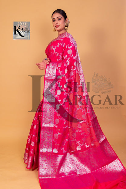 Pink Banarasi geprgette Saree All over jaal silver zari work