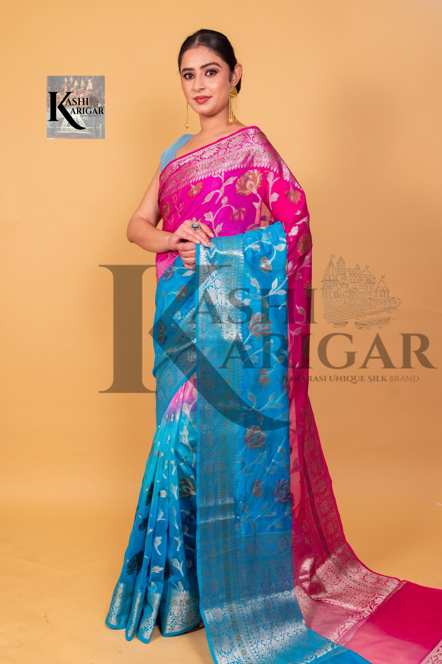 Pink With Light Blue Banarasi geprgette Saree All over jaal silver zari work meenakari