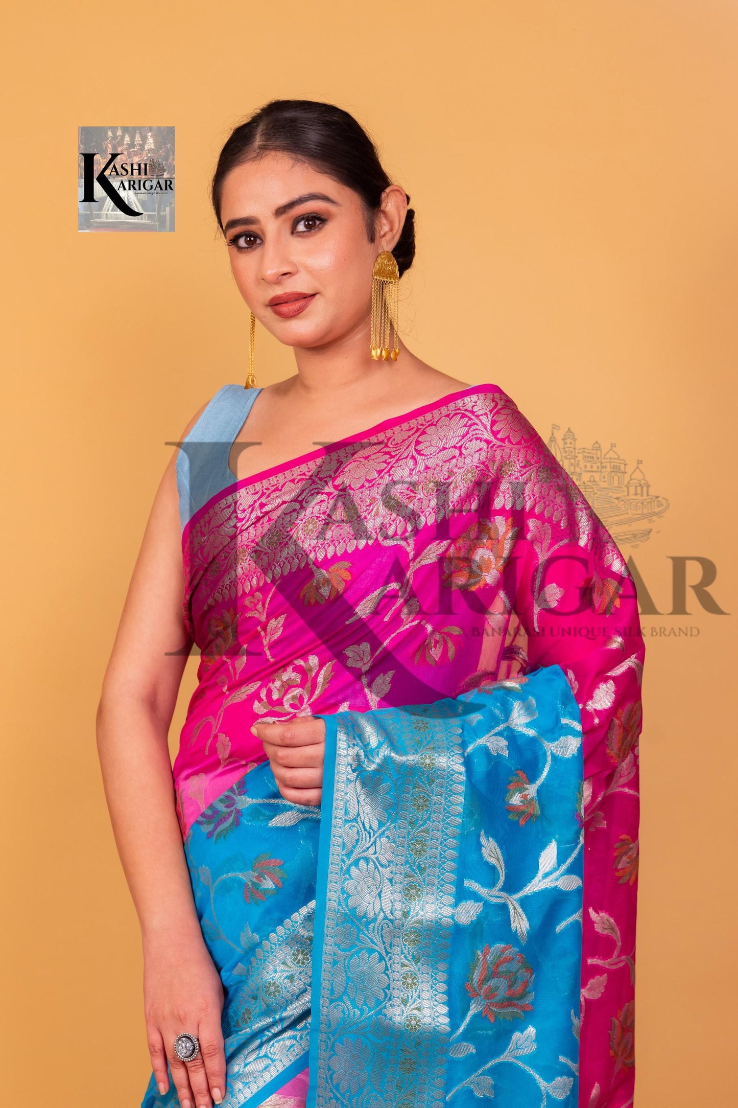 Pink With Light Blue Banarasi geprgette Saree All over jaal silver zari work meenakari