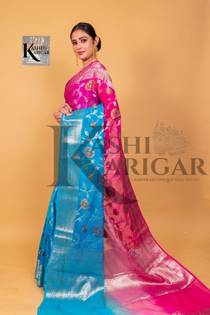 Pink With Light Blue Banarasi geprgette Saree All over jaal silver zari work meenakari