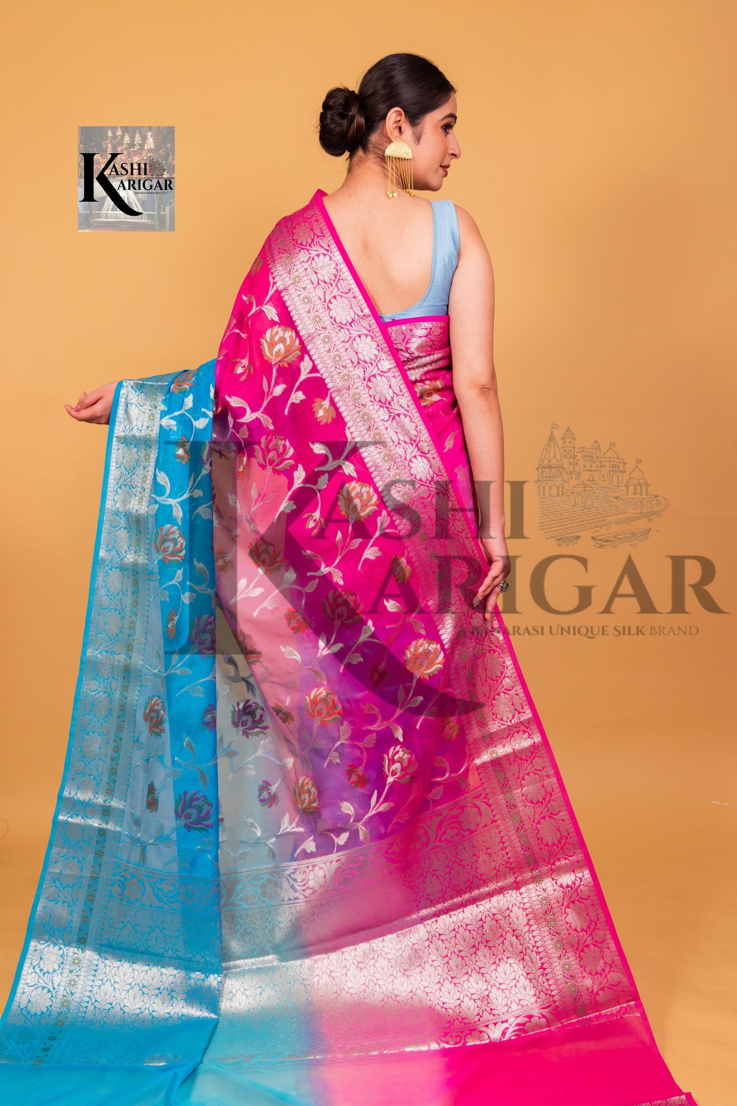 Pink With Light Blue Banarasi geprgette Saree All over jaal silver zari work meenakari