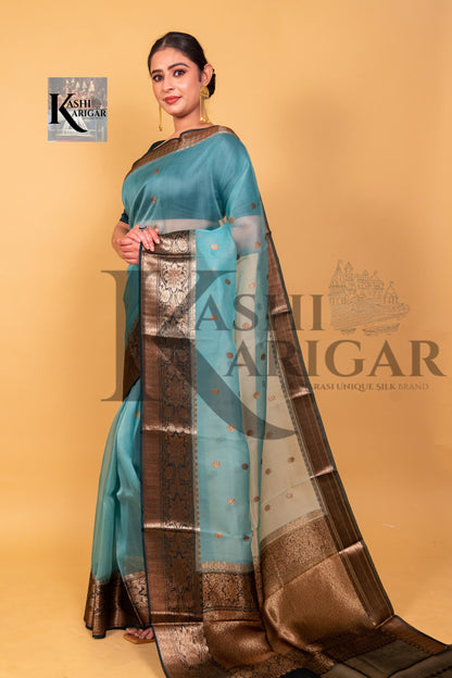 Oceanic Blue With black Pure Kora Handloom Banarasi Saree