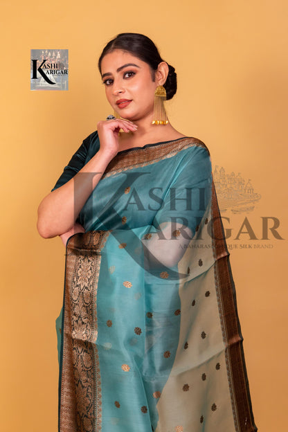 Oceanic Blue With black Pure Kora Handloom Banarasi Saree