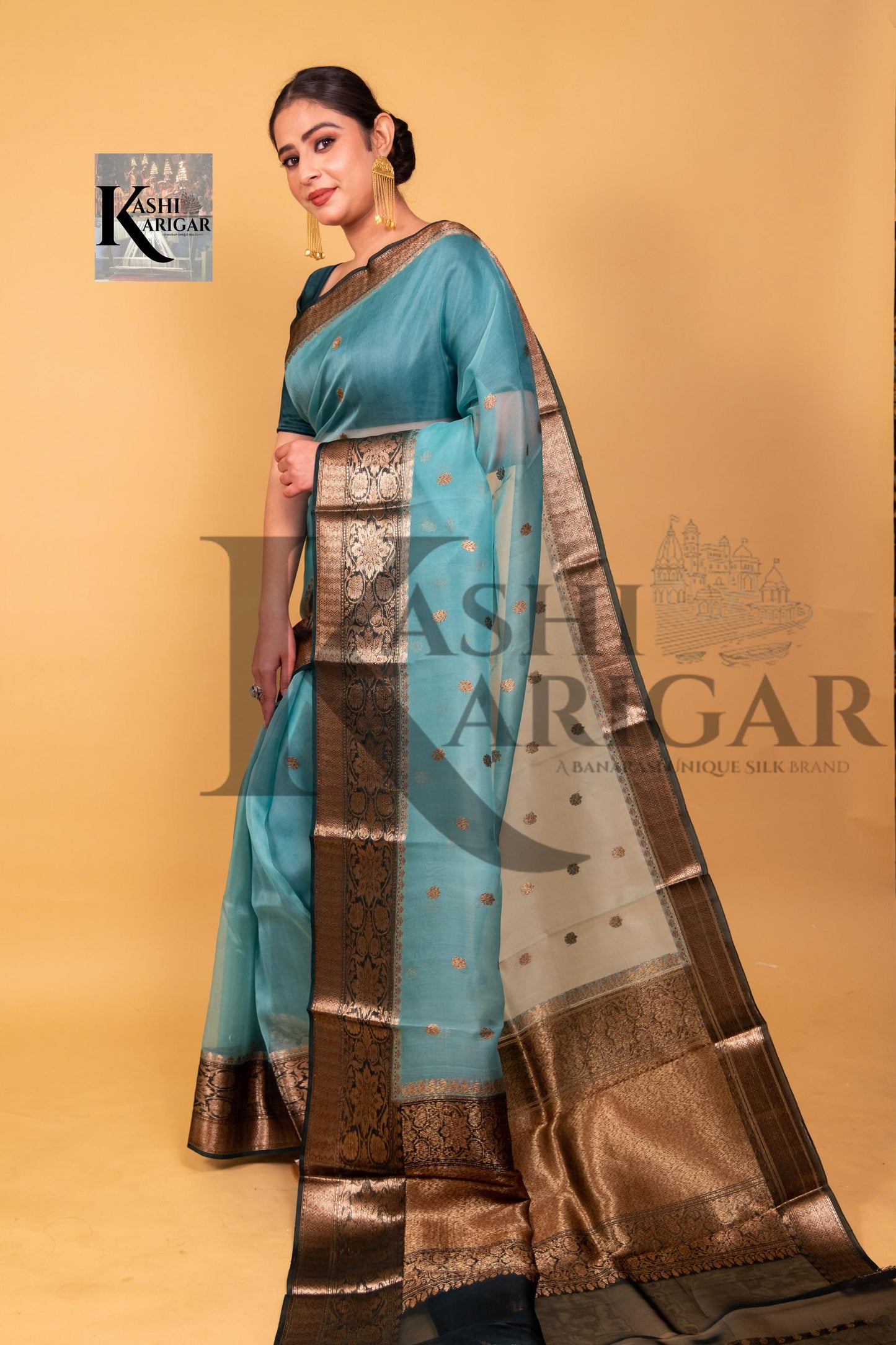 Oceanic Blue With black Pure Kora Handloom Banarasi Saree