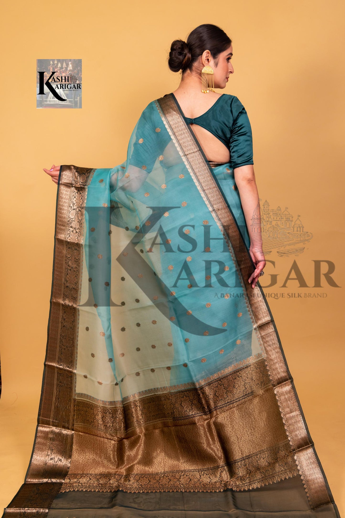 Oceanic Blue With black Pure Kora Handloom Banarasi Saree