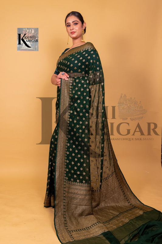 Dark Green Khaddi Georgette Banarasi Saree - Antique zari