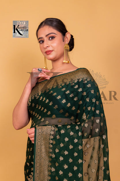 Dark Green Khaddi Georgette Banarasi Saree - Antique zari
