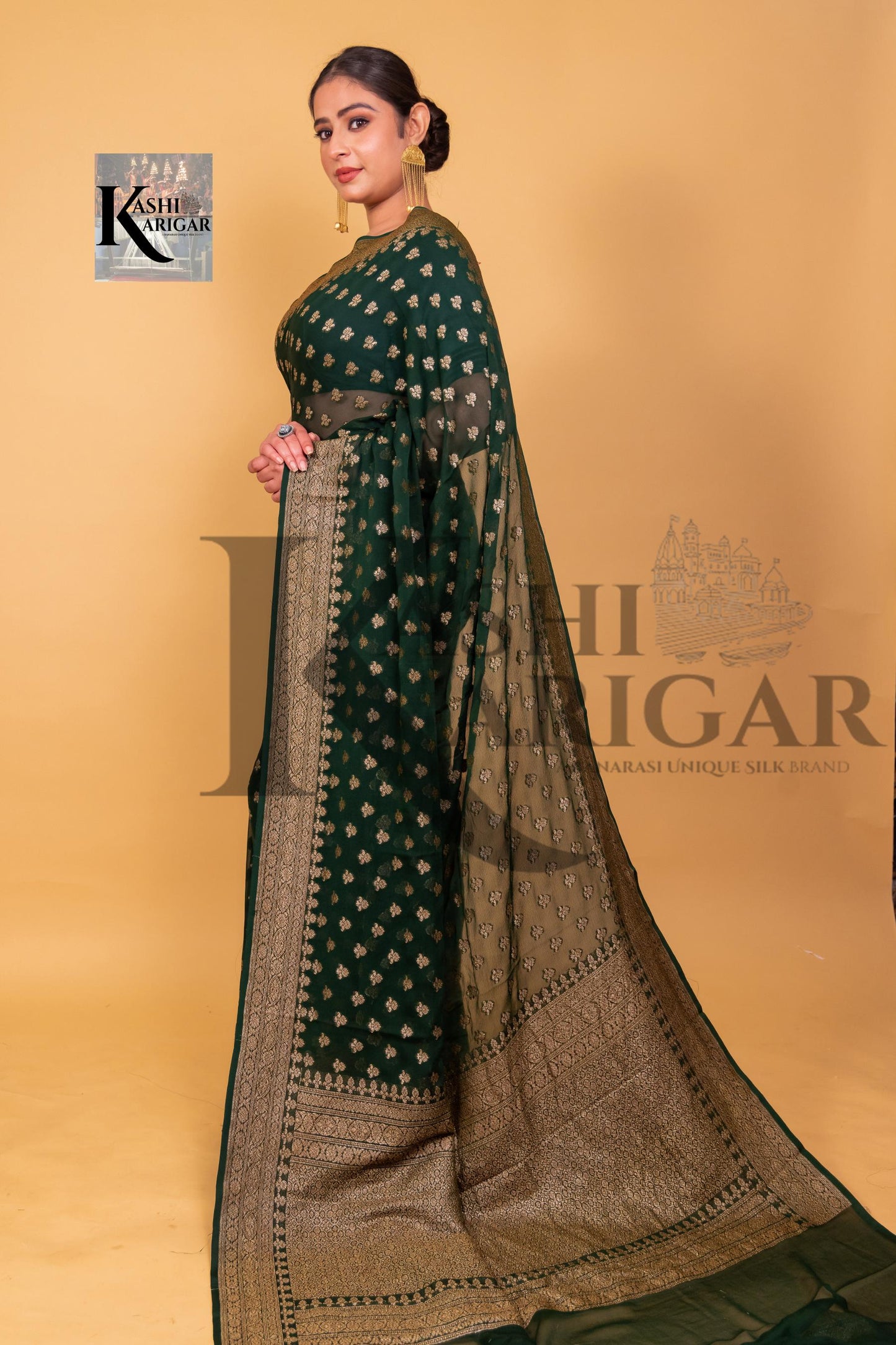 Dark Green Khaddi Georgette Banarasi Saree - Antique zari