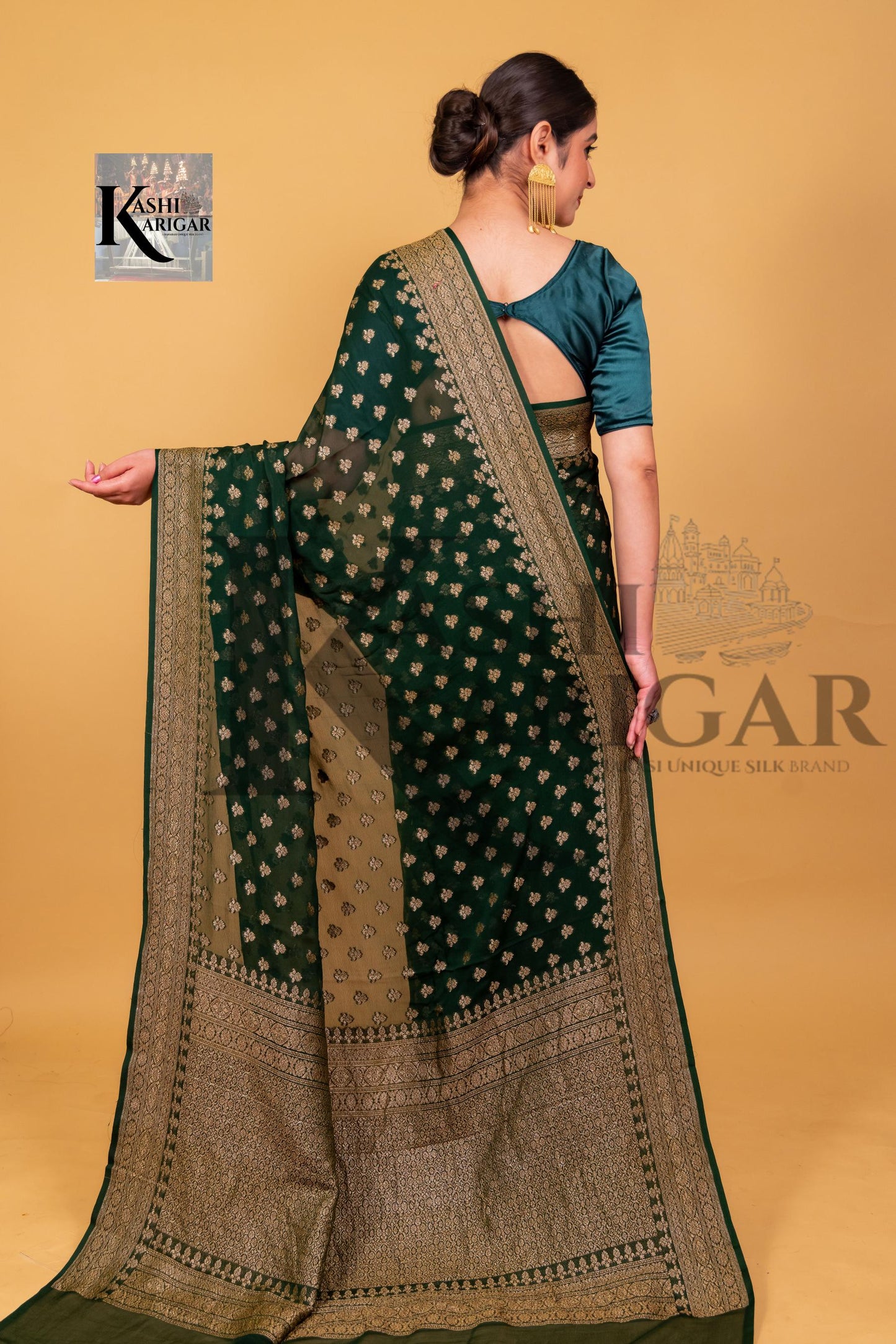 Dark Green Khaddi Georgette Banarasi Saree - Antique zari