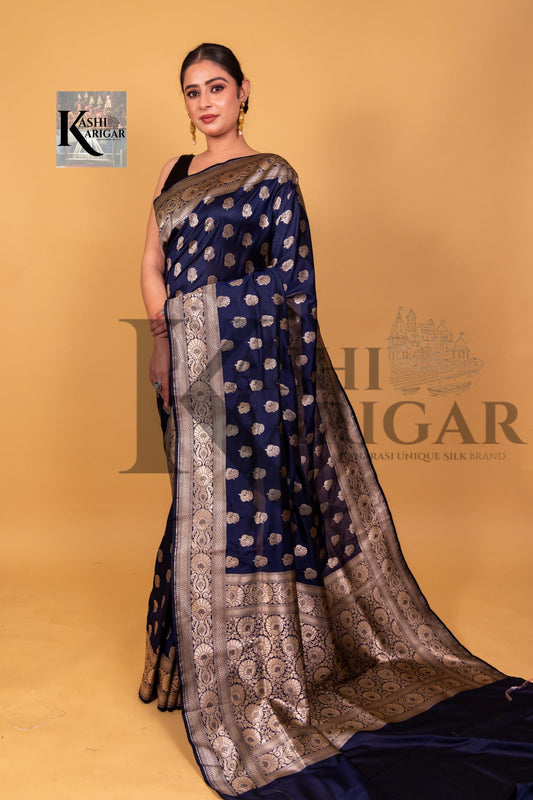 Dark Blue Banarasi katan silk handloom saree