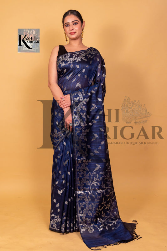 Blue Tusser silk Banarasi Saree