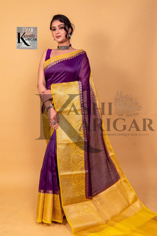 Purpal With Yellow Pure linen Banarasi Saree