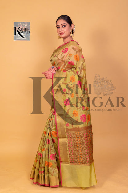 Gold  Banarasi Chanderi Saree With Resham Buti & Border meenakari