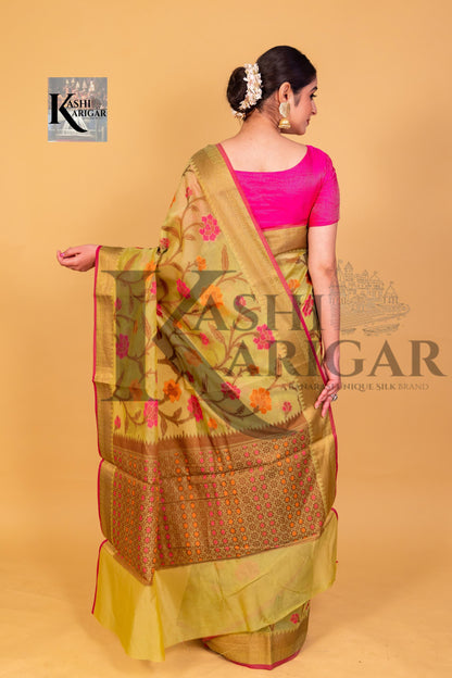 Gold  Banarasi Chanderi Saree With Resham Buti & Border meenakari