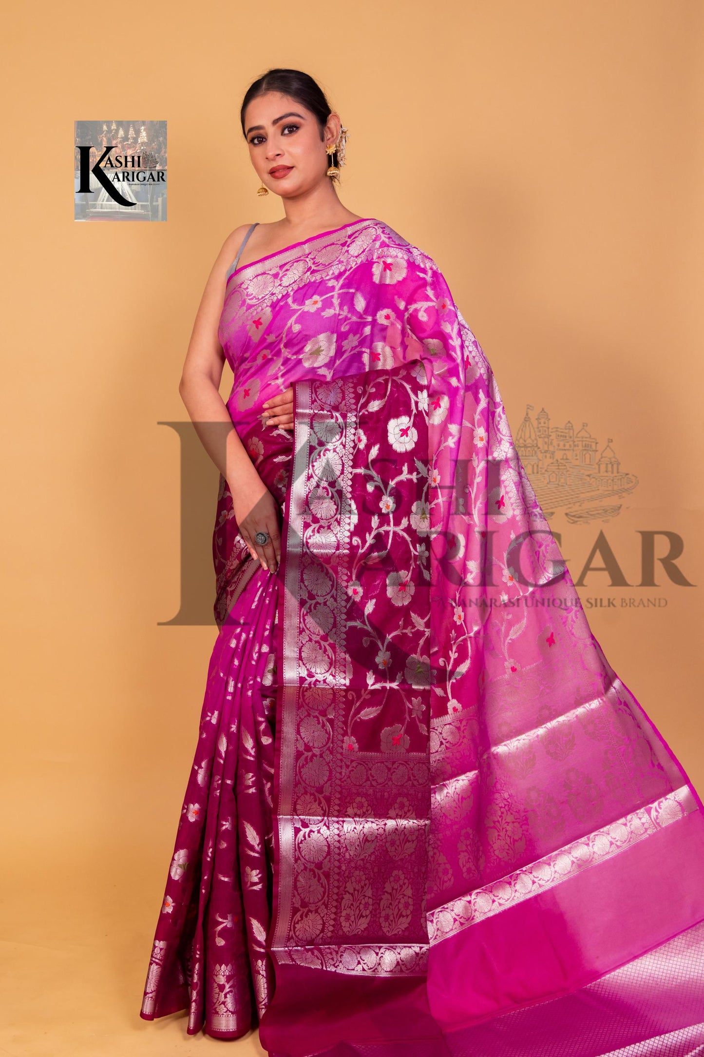 Pink With Purpal Georgette Banarasi Saree - All Over Work with meenakari