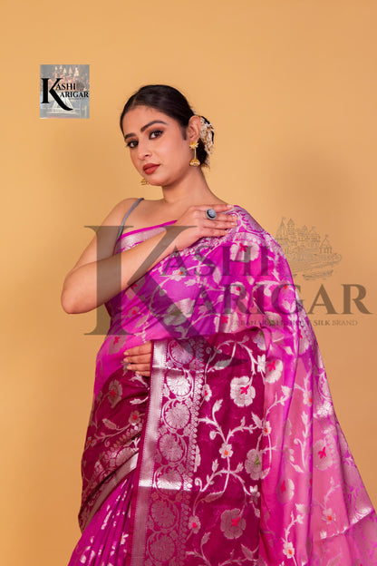 Pink With Purpal Georgette Banarasi Saree - All Over Work with meenakari