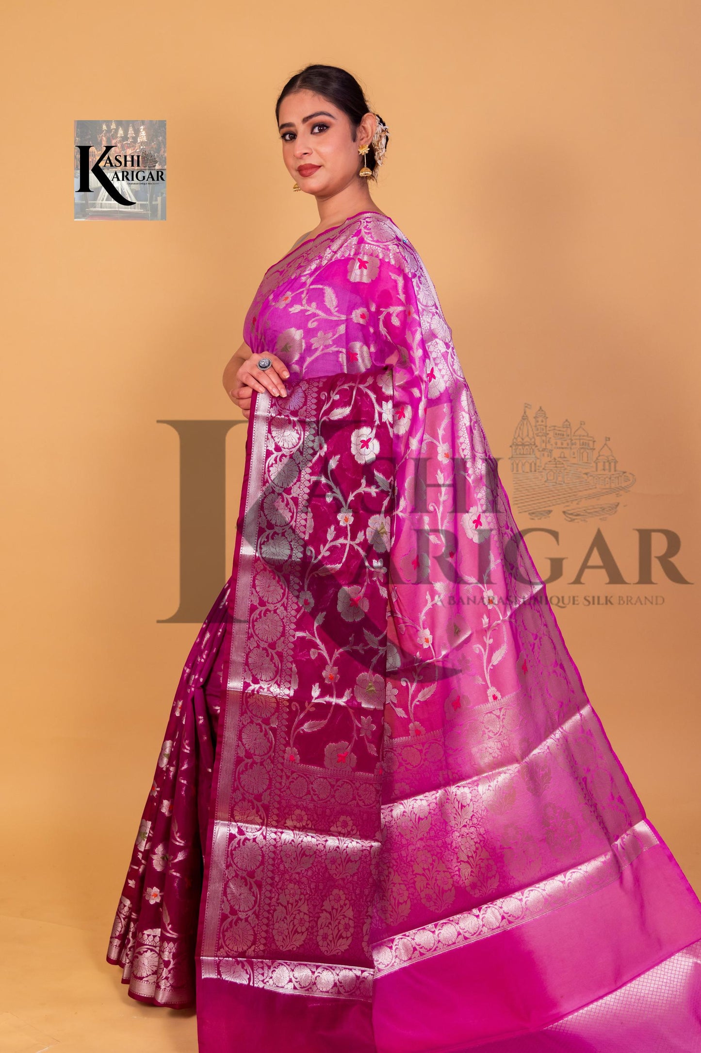 Pink With Purpal Georgette Banarasi Saree - All Over Work with meenakari