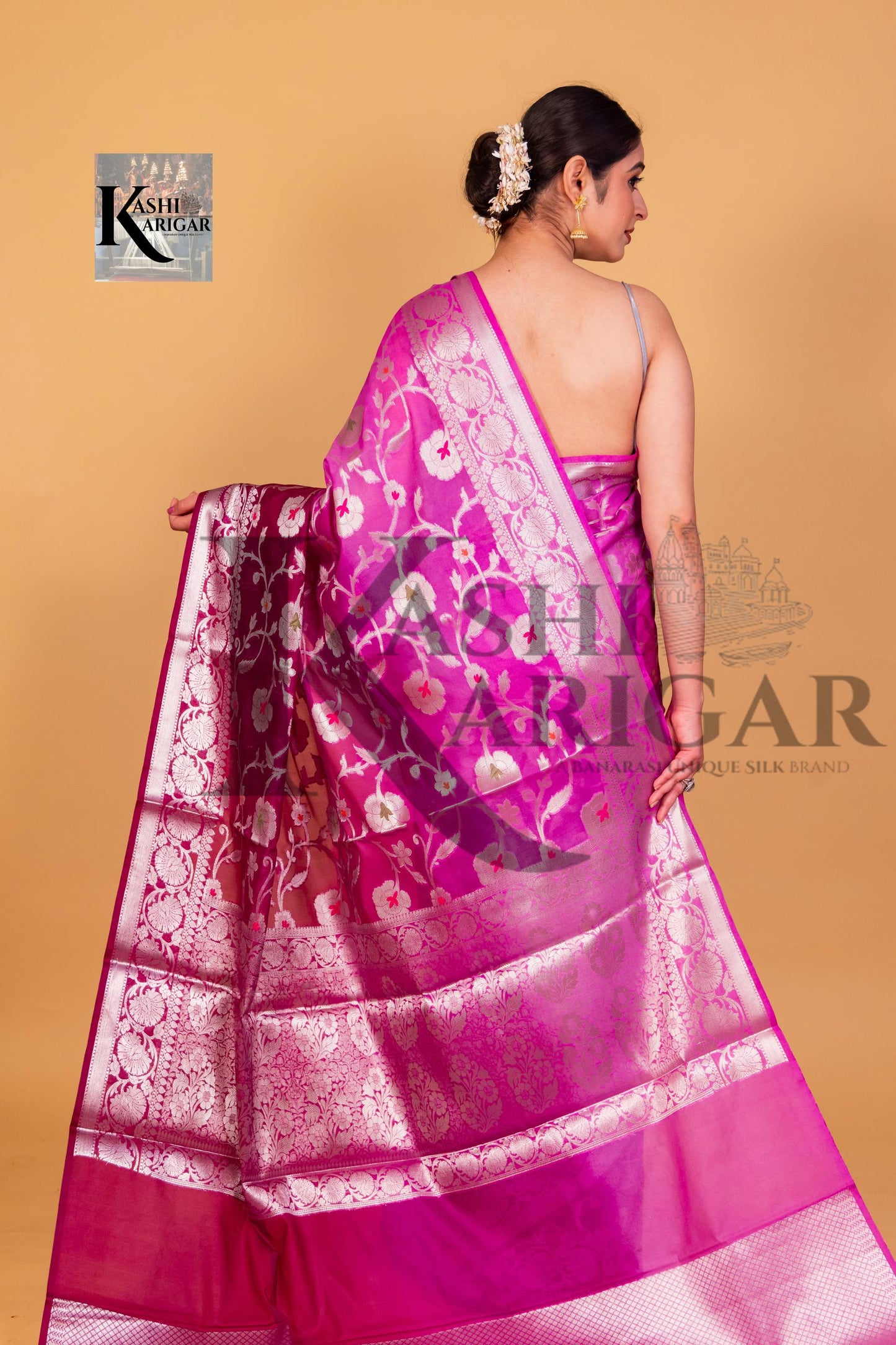 Pink With Purpal Georgette Banarasi Saree - All Over Work with meenakari