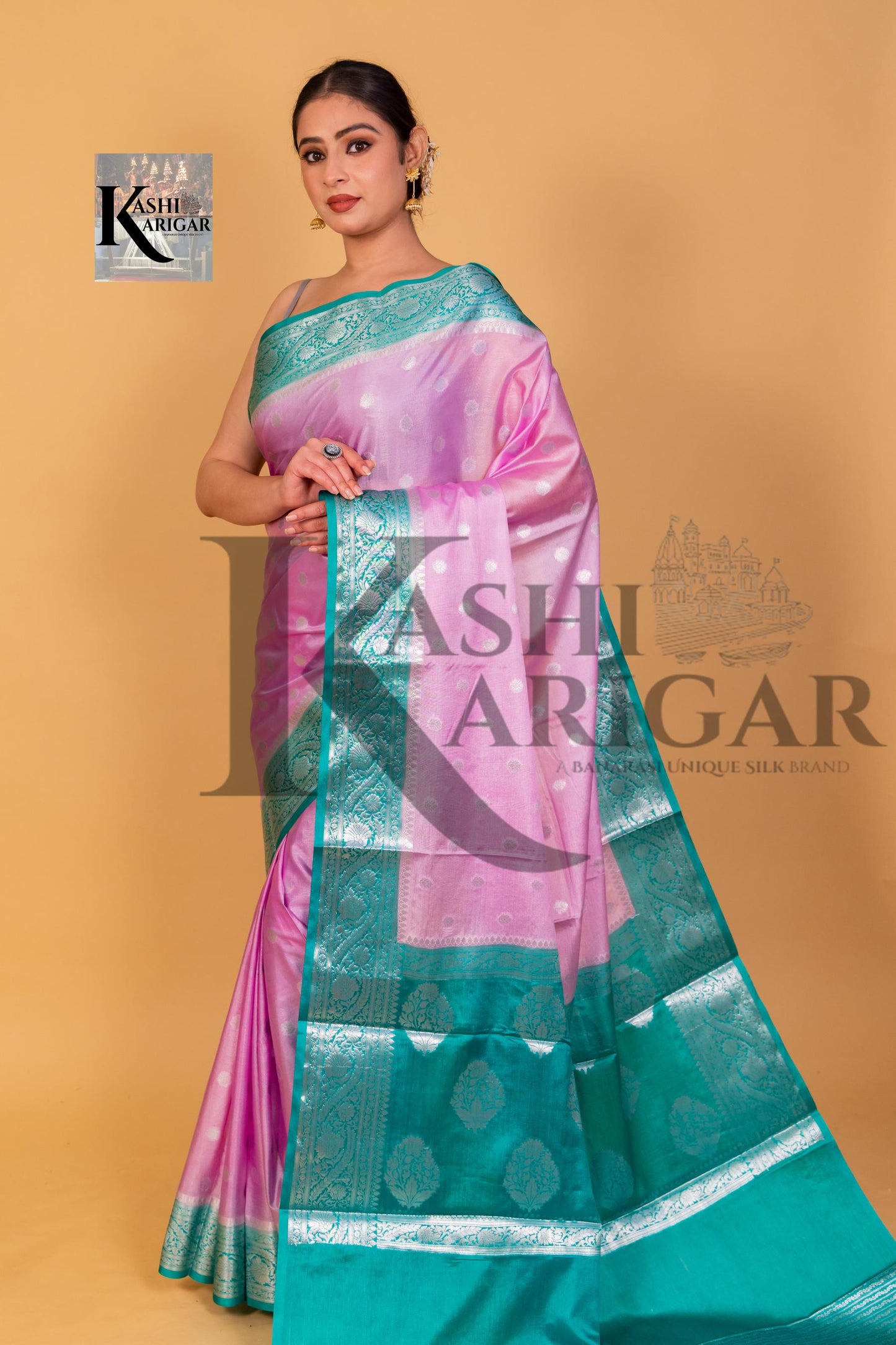 Pink With Firozy Banarasi chiniya katan soft silk saree