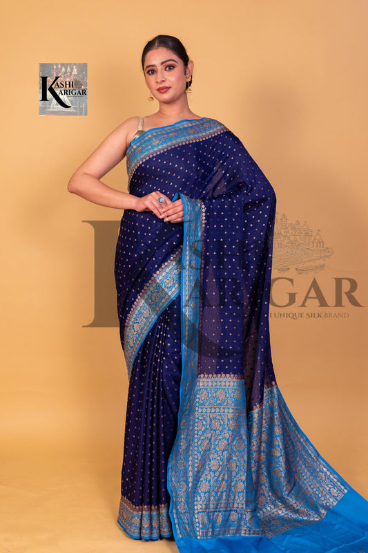 Dark Blue With Sky Blue creap Banarasi Saree