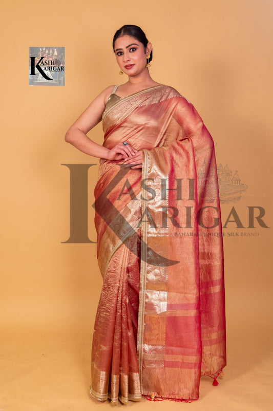 Orange Banarasee Handwoven Crushed Tissue Zari Border Saree-Gold