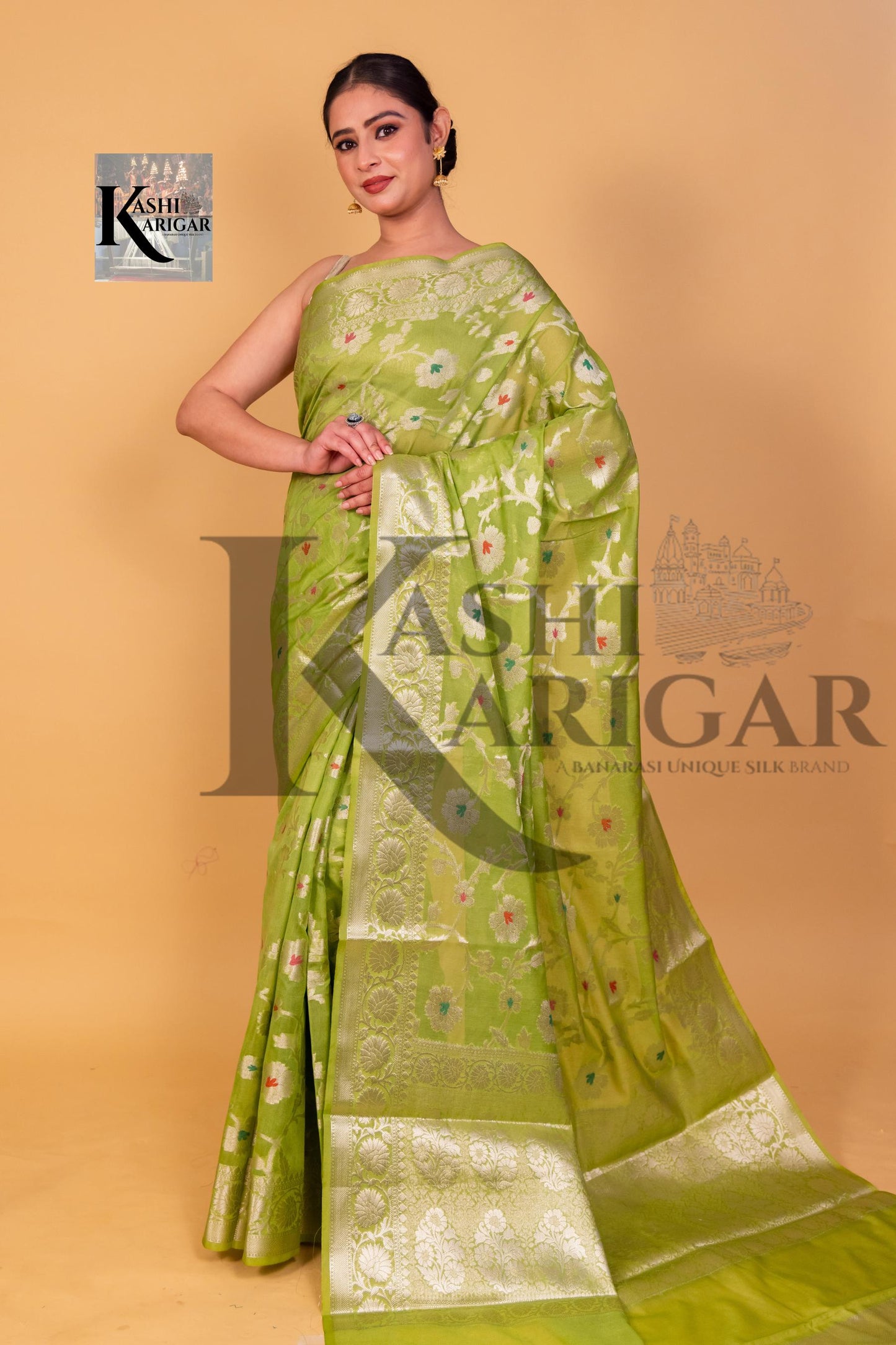 Light Green Banarasi geprgette Saree All over jaal silver zari work meenakari