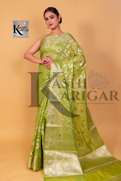 Light Green Banarasi geprgette Saree All over jaal silver zari work meenakari