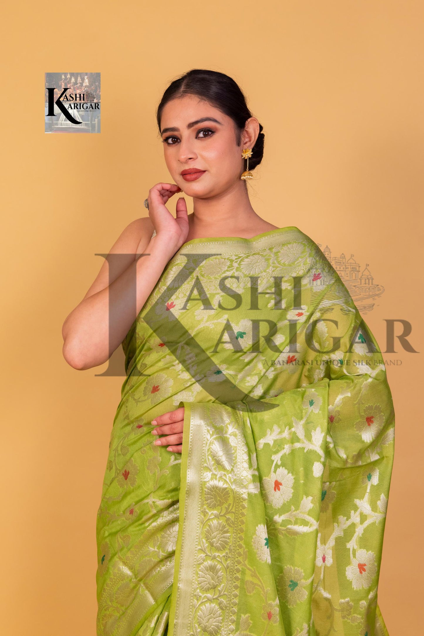 Light Green Banarasi geprgette Saree All over jaal silver zari work meenakari