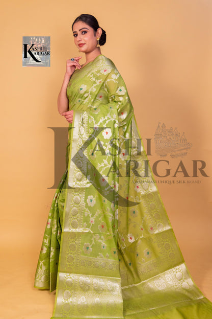 Light Green Banarasi geprgette Saree All over jaal silver zari work meenakari