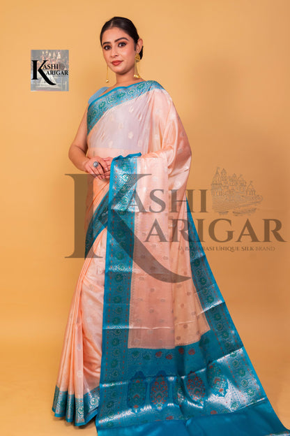 Peach With Blue Banarasi chiniya katan soft silk saree