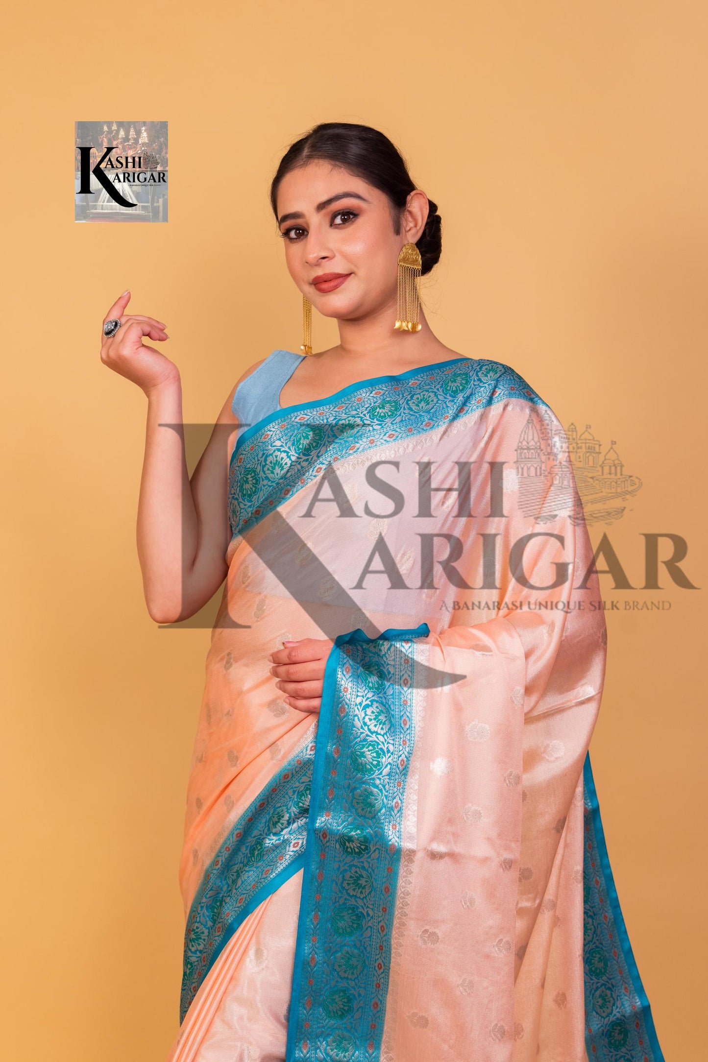 Peach With Blue Banarasi chiniya katan soft silk saree