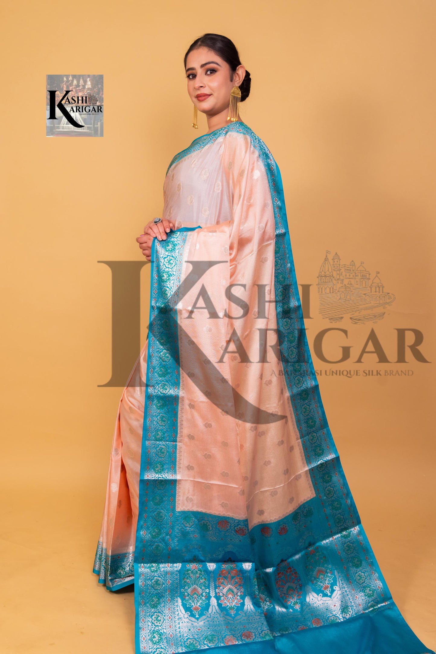 Peach With Blue Banarasi chiniya katan soft silk saree