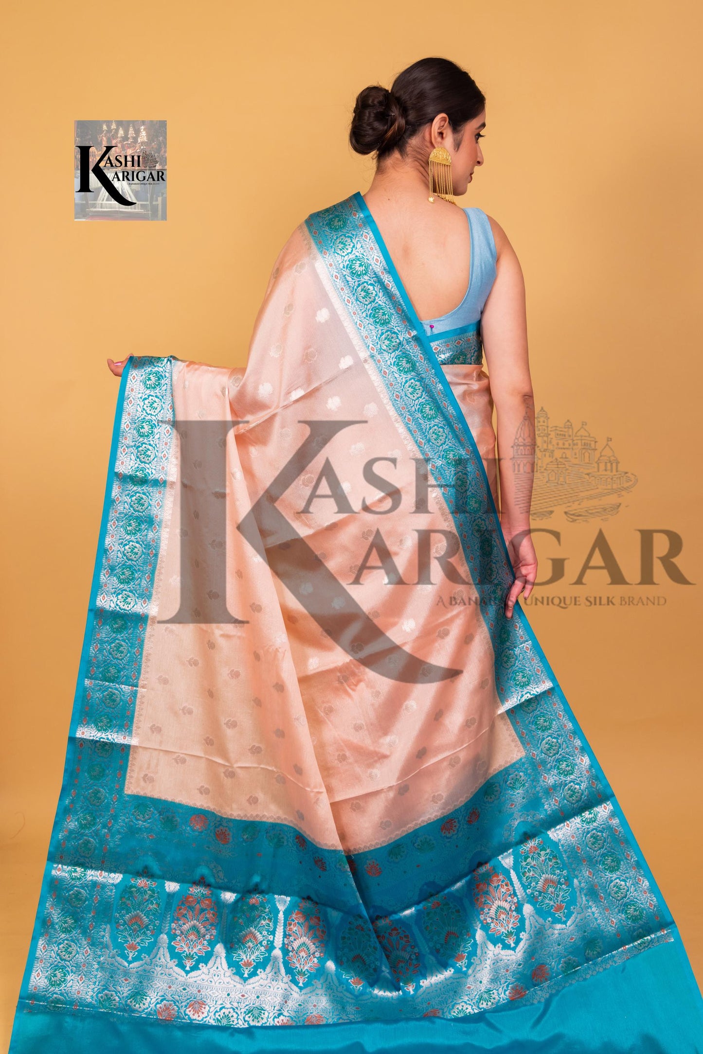 Peach With Blue Banarasi chiniya katan soft silk saree