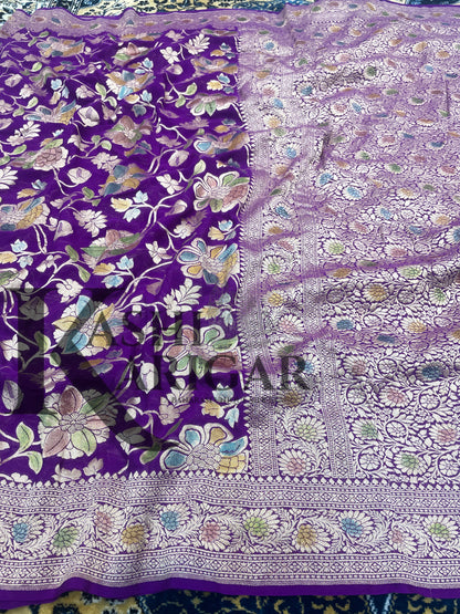 Purple Khaddi Georgette Handloom Banarasi Saree