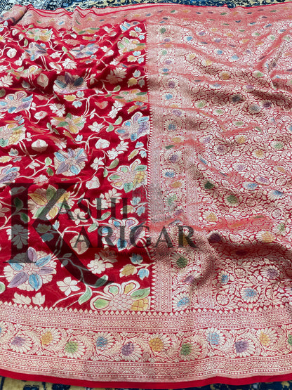Red Khaddi Georgette Handloom Banarasi Saree