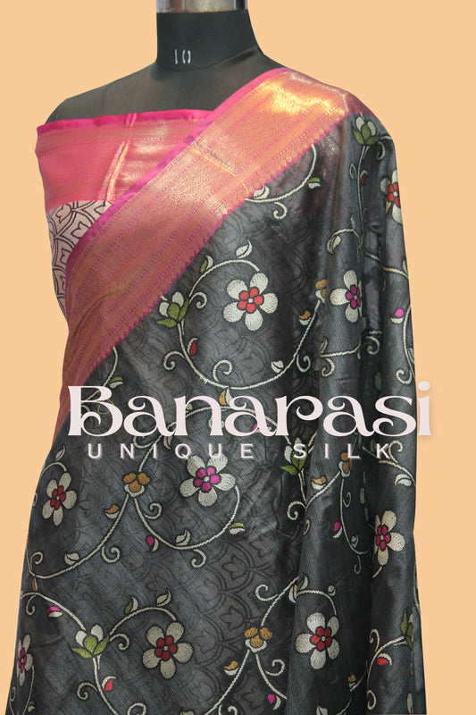 Black With PInk cottan silk banarasi saree all over weaving with meenakari