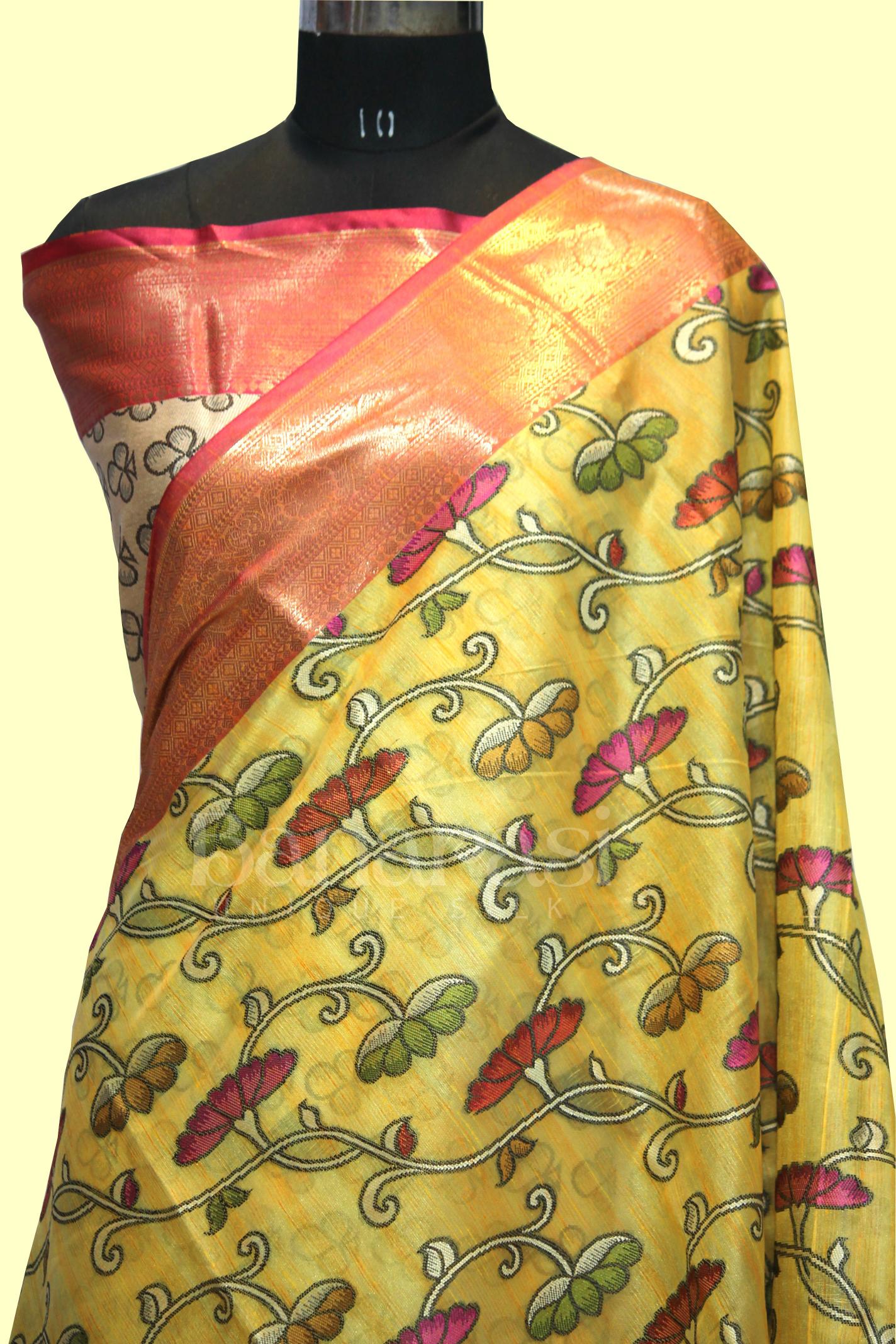 Yellow With PInk cottan silk banarasi saree all over weaving with meenakari