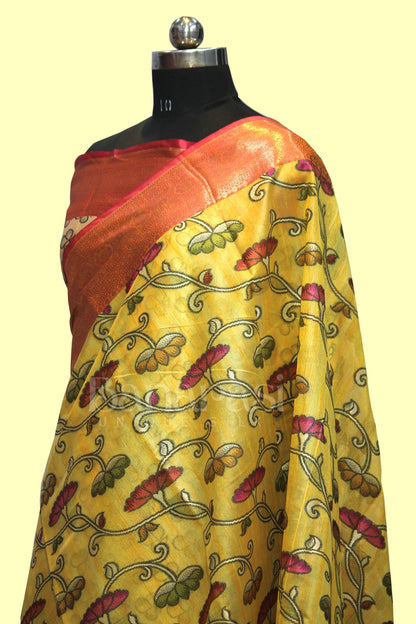 Yellow With PInk cottan silk banarasi saree all over weaving with meenakari