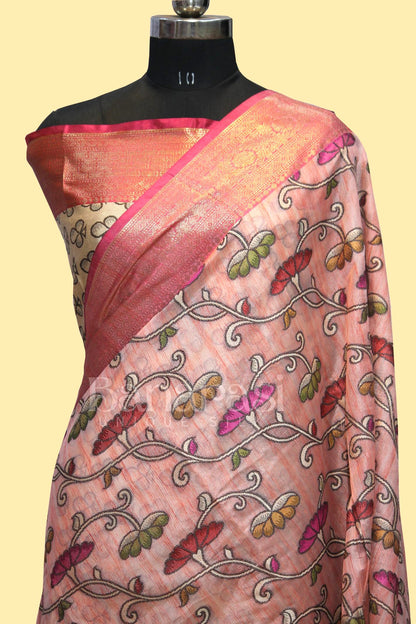 Peach With PInk cottan silk banarasi saree all over weaving with meenakari