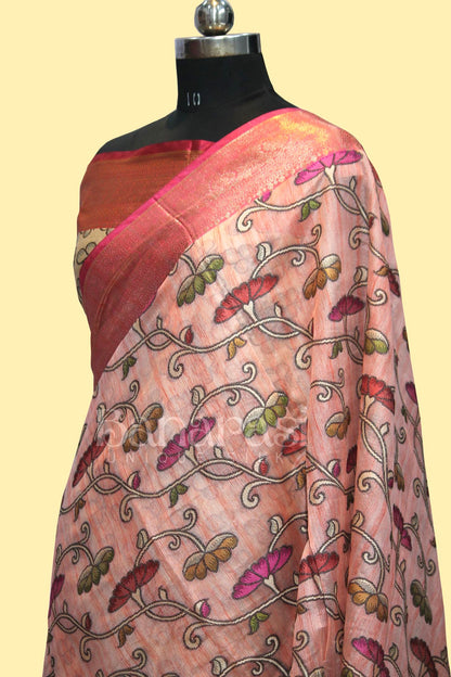 Peach With PInk cottan silk banarasi saree all over weaving with meenakari