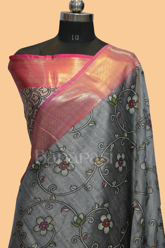 gray With PInk cottan silk banarasi saree all over weaving with meenakari