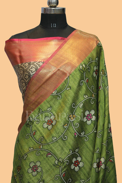 Green With PInk cottan silk banarasi saree all over weaving with meenakari