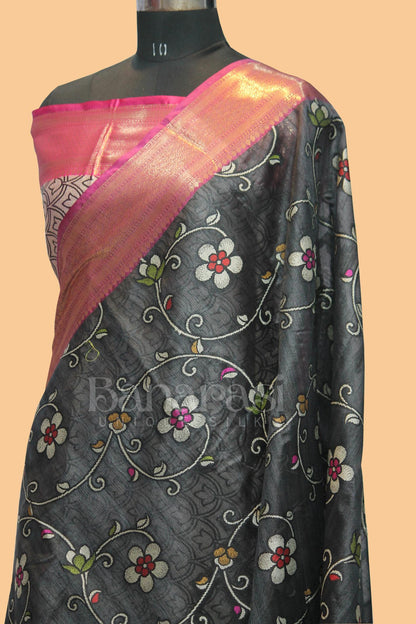 Black With PInk cottan silk banarasi saree all over weaving with meenakari