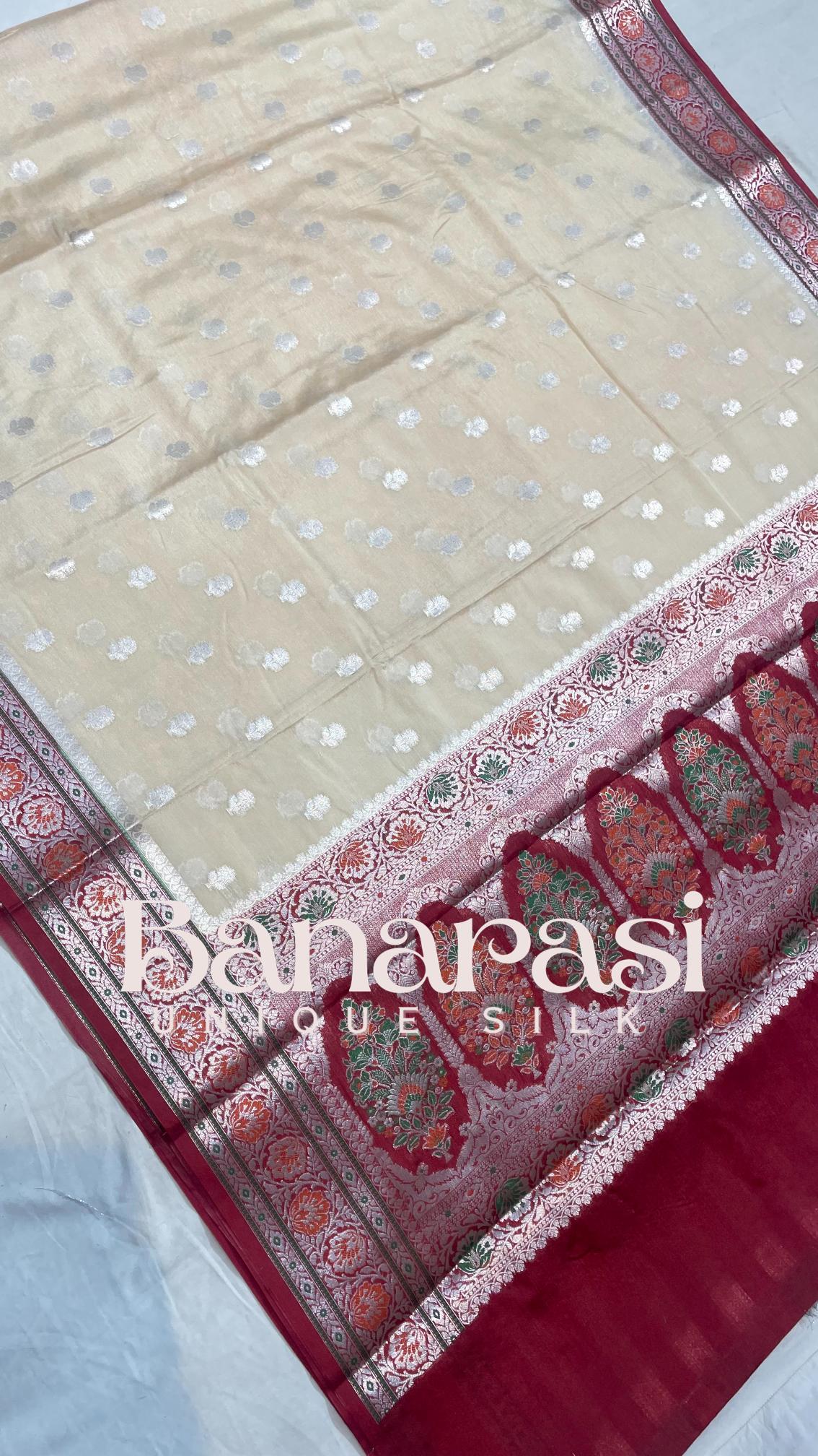 Cream With Mahroon Banarasi chiniya katan soft silk saree