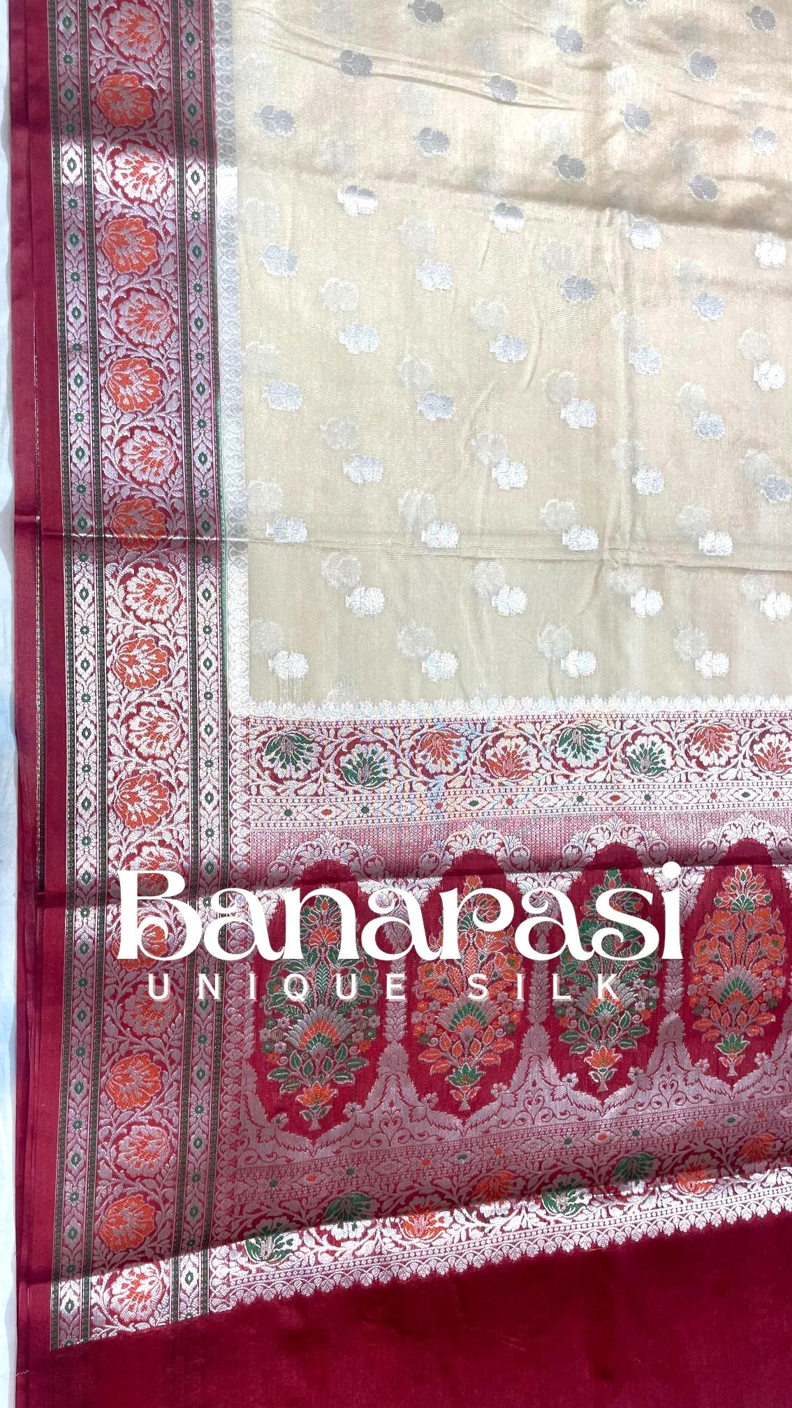 Cream With Mahroon Banarasi chiniya katan soft silk saree