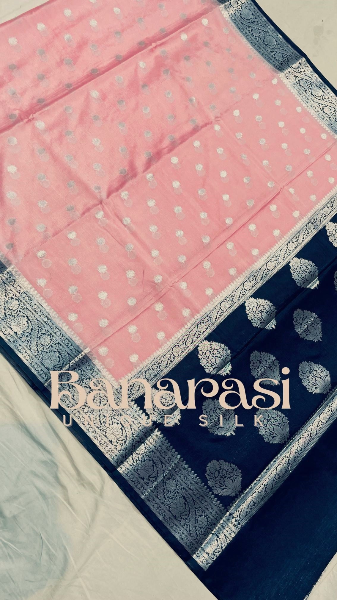 Peach with dark blue Banarasi chiniya katan soft silk saree