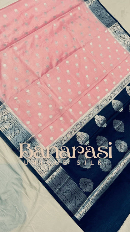 Peach with dark blue Banarasi chiniya katan soft silk saree